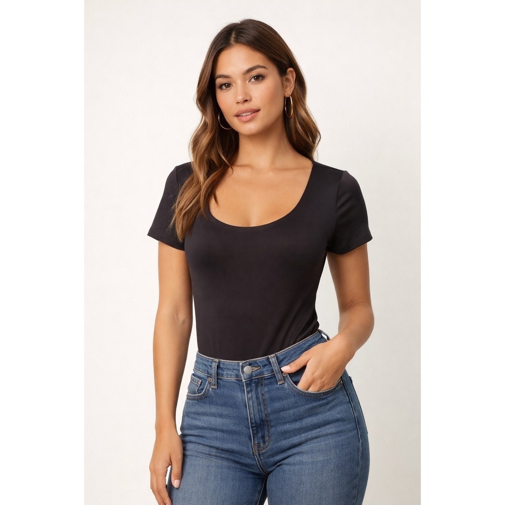 NINE WEST Black Scoop‎ Neck Short Sleeve Bodysuit Size M